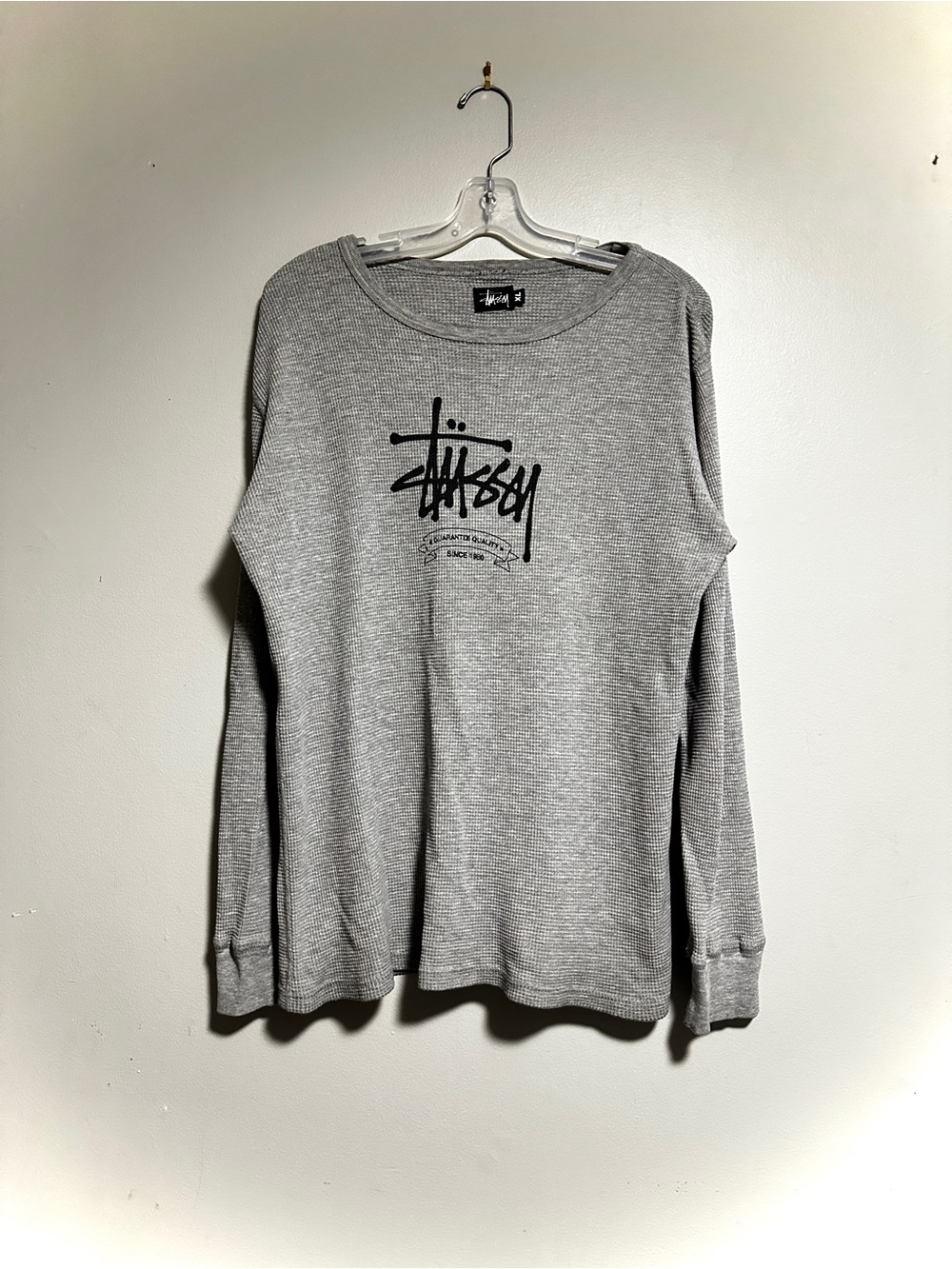 Vintage 90s -2000s Stussy Light Gray Waffle Knit Logo Long Sleeve